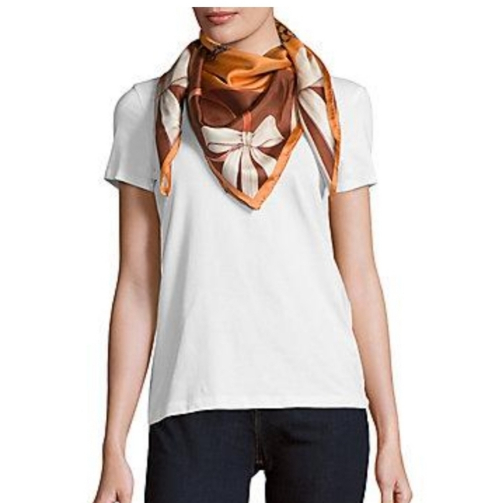 Saks Fifth Avenue Ribbon and Keys printed silk scarf orange nwt